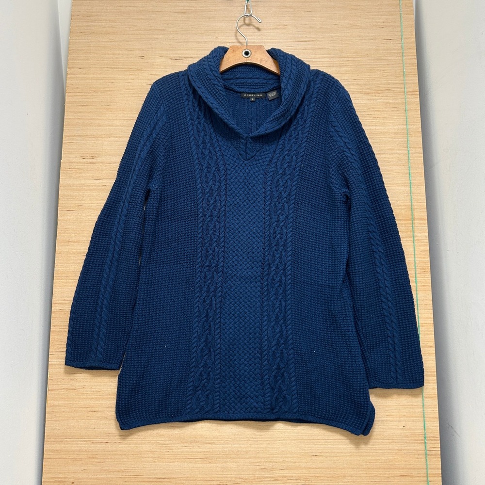 Jeanne Pierre Navy Blue 100% Cotton Shawl Neck Cable Knit Sweater Womens Large